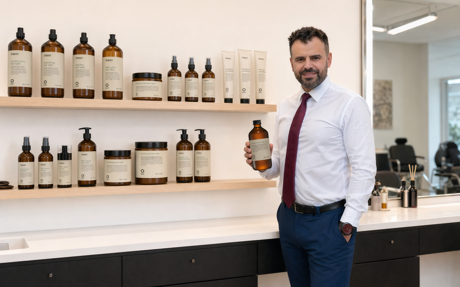 Łukasz Świątkiewicz na tle produktów OWAY