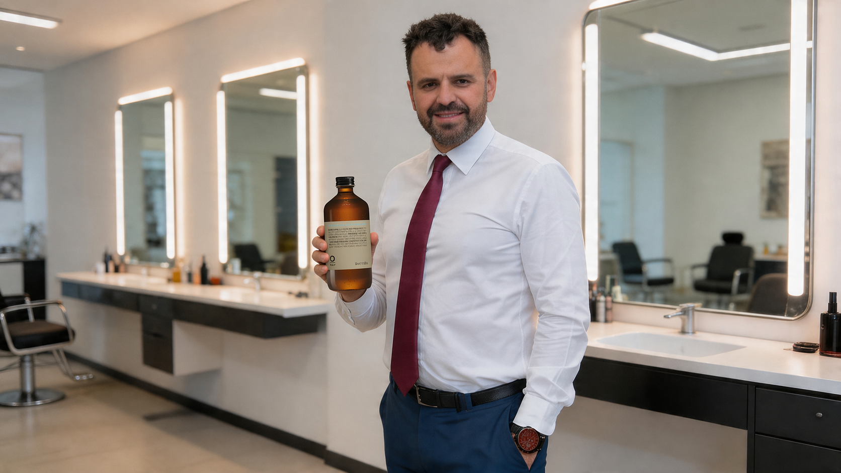 Łukasz Świątkiewicz prezentujący butelkę OWAY w salonie